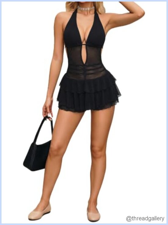 Dresses & Skirts - Halter Mini Dress Ruffle Skort Deep V Open Back Sleeveless Summer Party